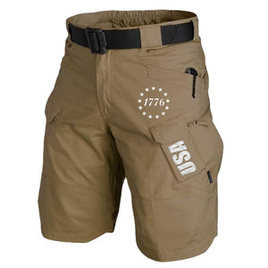PANTALONES CORTOS CARGO TÁCTICOS MULTIBOLSILLOS CON TIRO DE 11'' Y BANDERA DE EE. UU.