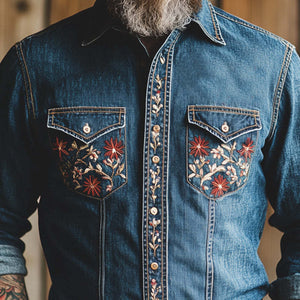 Men's Vintage Dark Blue Embroidered Washed Denim Shirt