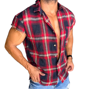 Men's Retro Casual Linen Plaid Print Lapel Short Sleeve Shirt
