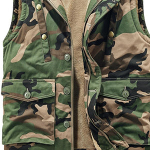 Chaleco cargo con capucha y forro de felpa de camuflaje retro para hombre