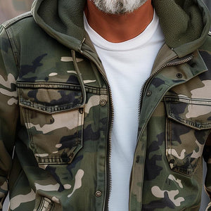Chaqueta cargo con capucha y cremallera multibolsillos de camuflaje para hombre