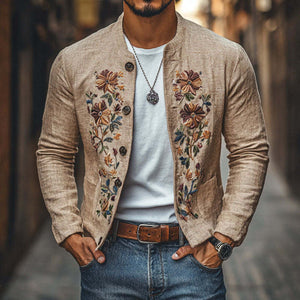 Chaqueta informal de lino con bordado, cuello alto y botonadura sencilla, corte entallado para hombre