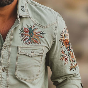 Camisa informal de manga larga con solapa bordada para hombre