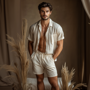Conjunto de camisa informal de lino con solapa y manga corta para hombre con pantalones cortos holgados