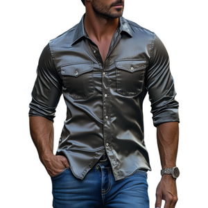 Camisa de manga larga de satén brillante informal de moda retro para hombre