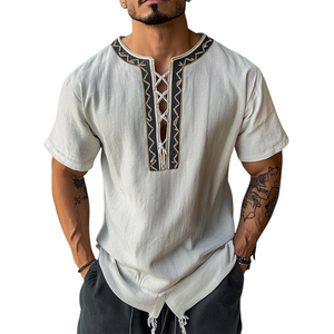 Men's Vintage Embroidered Thin Strap Round Neck Short-Sleeved T-Shirt