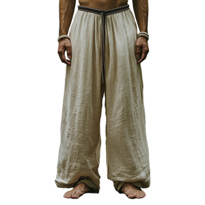 Pantalones casuales rectos y holgados de algodón y lino con cinturón vintage para hombre