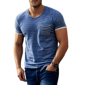 Camiseta informal de algodón de manga corta con cuello redondo y bolsillo para hombre
