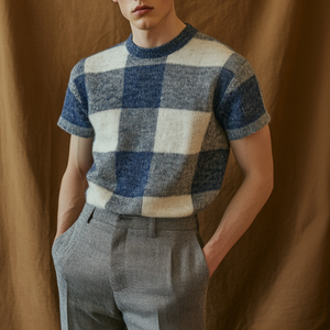 Lässiges, kariertes Herren-T-Shirt mit Rundhalsausschnitt und schmaler Passform, gestrickt, kurzärmelig