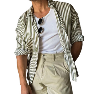 Men's Classic Casual Green Vertical Striped Long Sleeve Shirt