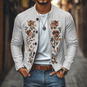 Chaqueta informal de lino con bordado, cuello alto y botonadura sencilla, corte entallado para hombre