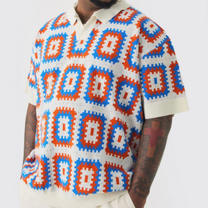 Camiseta de manga corta de punto con solapa y estampado de colores calados para hombre, informal, de verano, para vacaciones