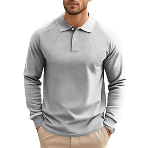 Polo informal de manga larga raglán con solapa de color liso para hombre