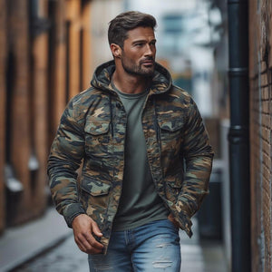 Men's Casual Outdoor Camouflage Hooded Multi-Pocket Single-Breasted Jacket