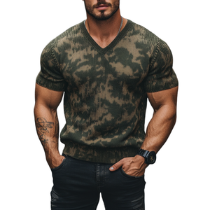 Herren Outdoor Camouflage Jacquard V-Ausschnitt Slim Fit Strick Kurzarm Pullover T-Shirt