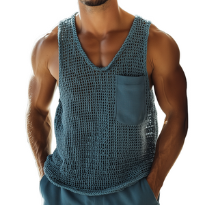 Men's Vintage Solid Knit Pocket Crew Neck Tank Top