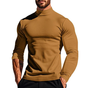 Camiseta de manga larga con cuello medio alto y felpa de color liso para hombre