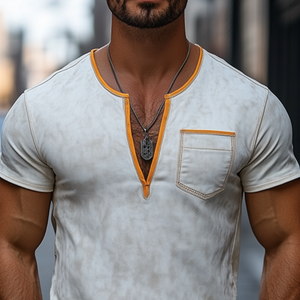 Camiseta de manga corta de ante texturizado con escote en V profundo, informal y ajustada para hombre