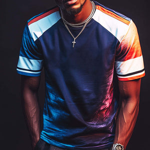 Camiseta retro informal de manga corta con cuello redondo y costuras en contraste para hombre