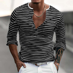 Camiseta informal de manga larga con cuello Henley a rayas para hombre