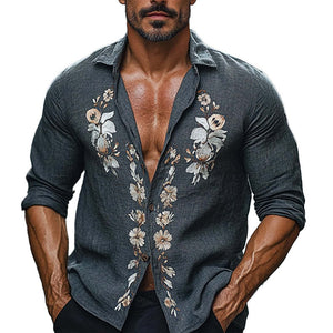 Camisa de manga larga con bordado floral vintage para hombre