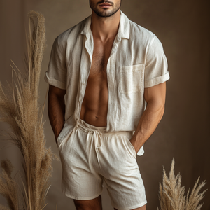 Conjunto de camisa informal de lino con solapa y manga corta para hombre con pantalones cortos holgados