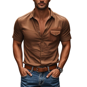 Camisa informal de algodón con solapa y bolsillo en el pecho para hombre, de manga corta, entallada y botonadura sencilla