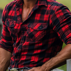 Camisa de manga larga a cuadros rojos retro para hombre