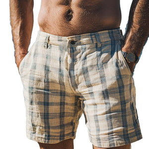 Pantalones cortos deportivos casuales de lino a cuadros de moda de primavera para hombre