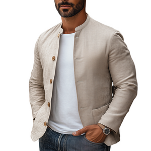 Chaqueta clásica de algodón y lino con cuello alto, estilo retro e informal, para hombre, primavera