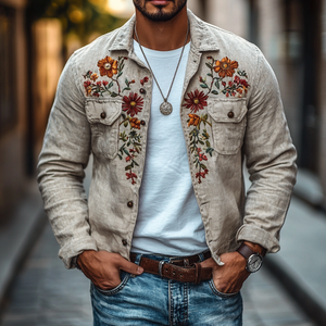 Chaqueta informal de lino con solapa bordada y bolsillo en el pecho para hombre, corte entallado