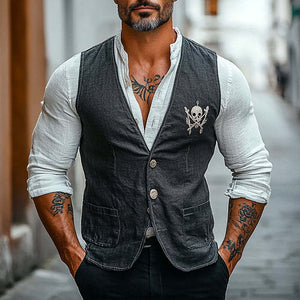Chaleco vintage con cuello en V y estampado de calavera para hombre