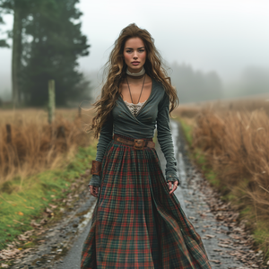 Damen Retro Plaid V-Ausschnitt Langarm Langer Rock Pastoral Style Kleid