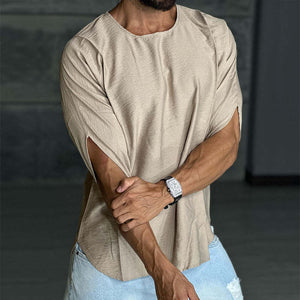 Camiseta retro informal de lino con cuello redondo plisado y manga corta para hombre