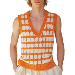 Camiseta informal de tirantes de punto jacquard a cuadros con cuello en V para hombre