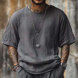 Camiseta de manga corta transpirable de lino de color liso para hombre