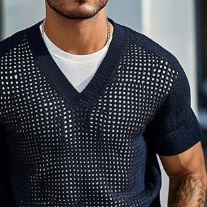 Camiseta de punto de color liso con cuello en V y manga corta para hombre