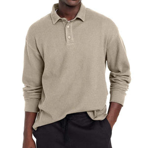 Polo informal de manga larga con solapa y botones de color liso para hombre