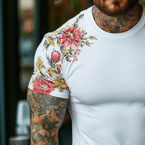 Camiseta de manga corta con cuello redondo y estampado floral retro informal para hombre