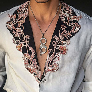 Men's Vintage Embroidered Contrast Long Sleeve Shirt