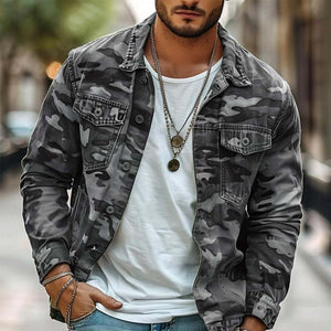 Chaqueta de solapa retro de lona de camuflaje para hombre