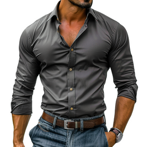 Camisa casual de manga larga con solapa de color liso para hombre
