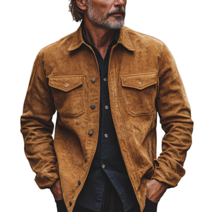 Camisa vintage de manga larga de ante color caqui para hombre