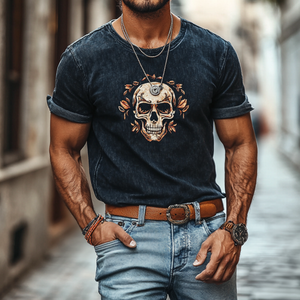 Camiseta de manga corta ajustada con cuello redondo y estampado de calavera de mezclilla lavada retro para hombre