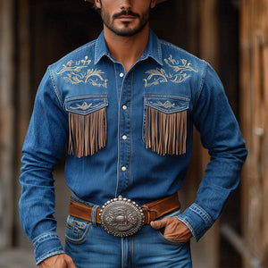 Men's Vintage Dark Blue Embroidered Tassel Western Denim Shirt