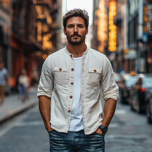 Camisa de manga larga de algodón y lino con bolsillo de encaje personalizado para hombre, moda de primavera
