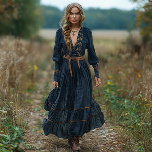 Vestido largo vintage de lino con escote en V y mangas largas para mujer, estilo pastoral.