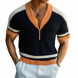 Camiseta informal de punto de manga corta con cuello en V, cremallera y contraste de color para hombre