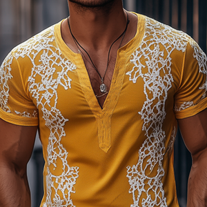 Camiseta de manga corta de algodón con bordado exquisito y escote en V profundo para hombre, moda de primavera
