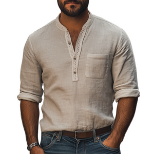 Camisa de manga larga con escote en V profundo y costuras de encaje étnico retro para hombre, nueva primavera